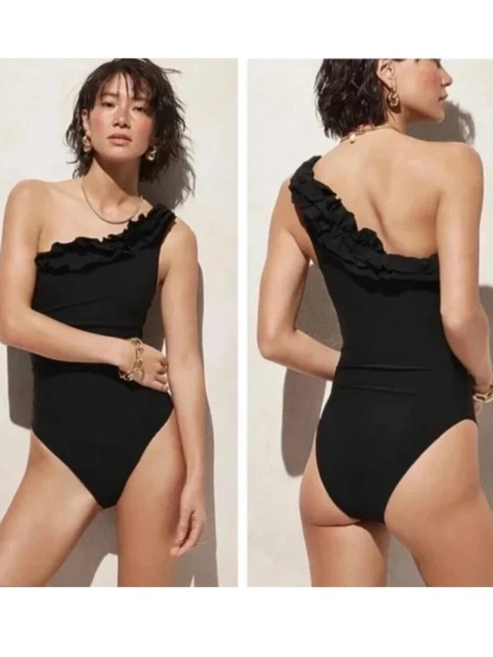 J. CREW One-Piece One Ruffled Shoulder Black Swimsuit - Sz 6 - NEW NWT